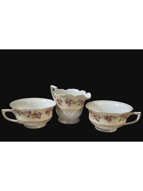 Vintage Gold Castle Hostess Tea Set Japan 1940s Pink Rose Creamer & 2 Teacups
